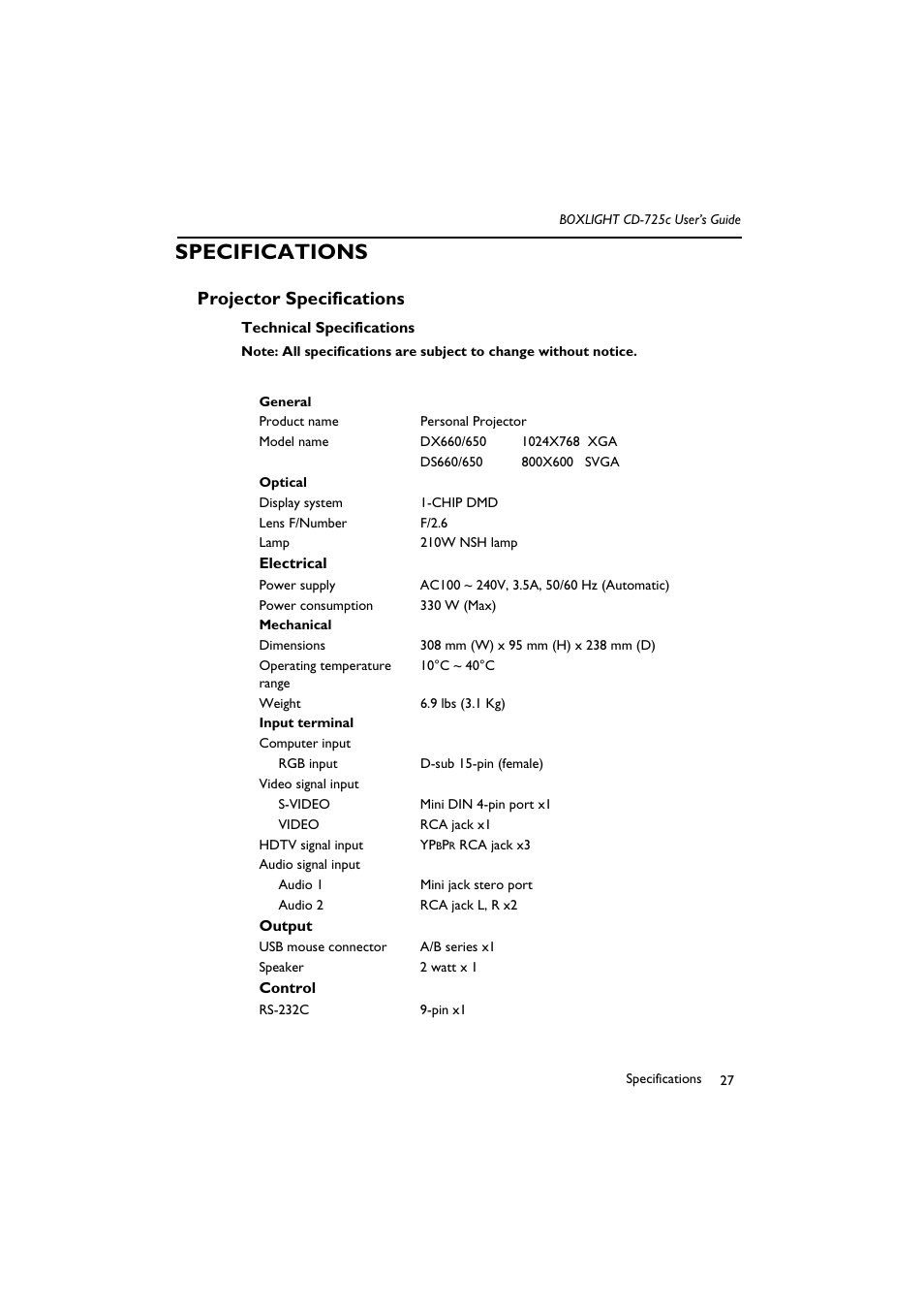 Specifications, Technical specifications, Projector specifications | BOXLIGHT CD-725c User Manual | Page 31 / 33