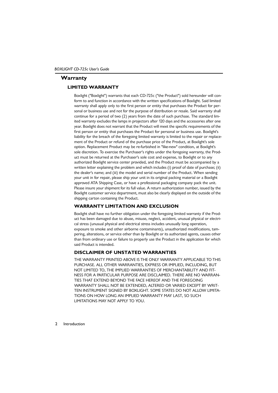 Warranty limitation and exclusion, Disclaimer of unstated warranties, Warranty | Limited warranty | BOXLIGHT CD-725c User Manual | Page 6 / 33