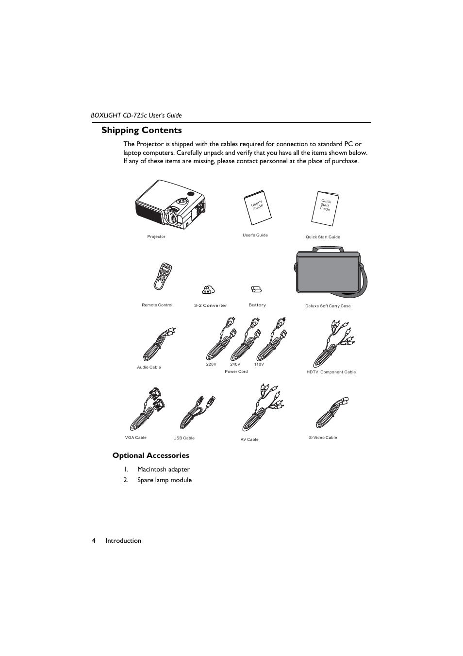 Macintosh adapter, Spare lamp module, Shipping contents | Optional accessories, Introduction 4 boxlight cd-725c user’s guide, Macintosh adapter 2. spare lamp module | BOXLIGHT CD-725c User Manual | Page 8 / 33