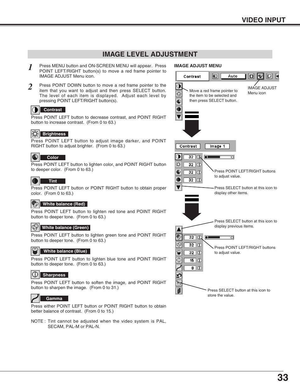 Video input, Image level adjustment | BOXLIGHT CP-305t User Manual | Page 33 / 44