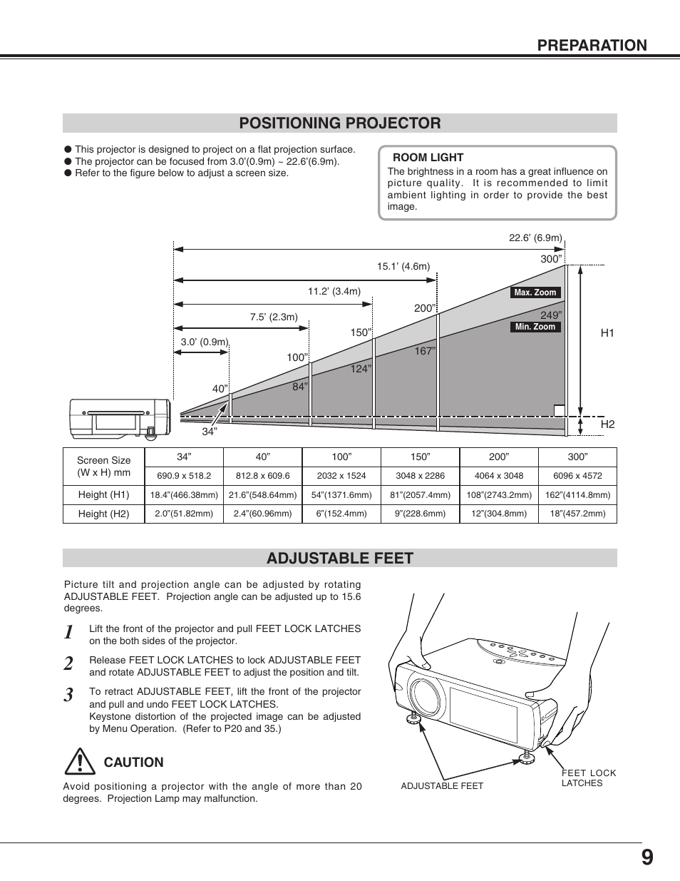 Preparation positioning projector, Adjustable feet | BOXLIGHT CP-305t User Manual | Page 9 / 44
