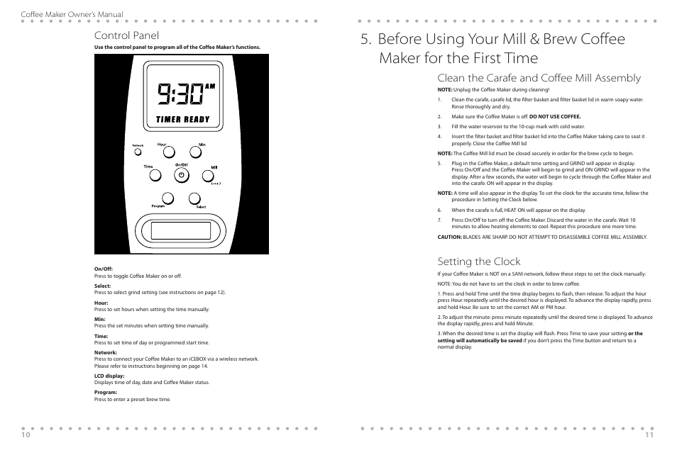 Clean the carafe and coffee mill assembly, Setting the clock, Control panel | 10 coffee maker owner’s manual | Beyond WBYCM2 User Manual | Page 10 / 20