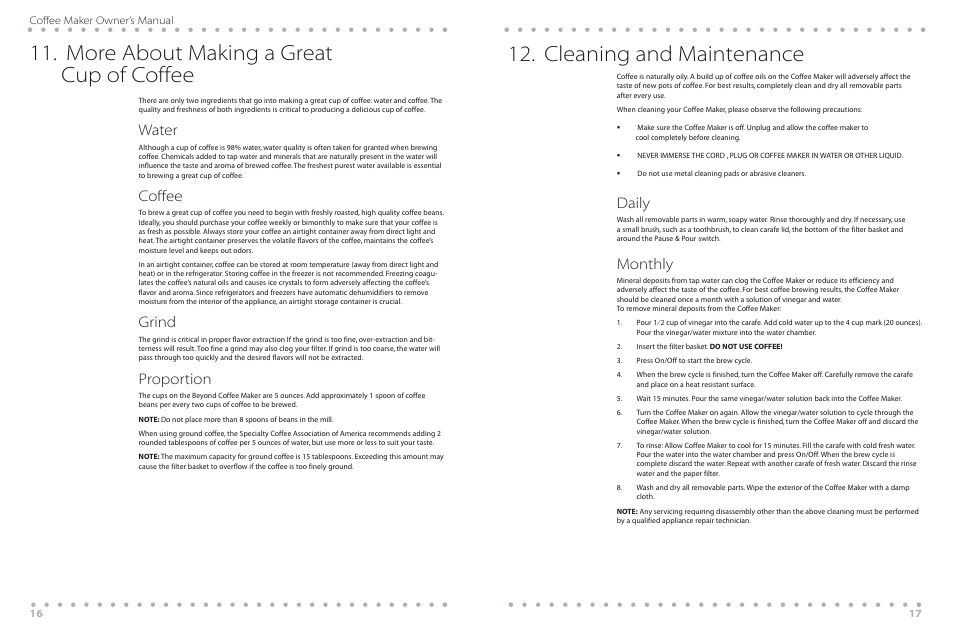 Daily, Monthly, Water | Coffee, Grind, Proportion | Beyond WBYCM2 User Manual | Page 16 / 20
