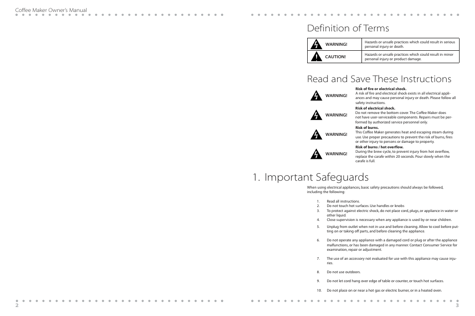 Important safeguards, Definition of terms, Read and save these instructions | 2coffee maker owner’s manual | Beyond WBYCM2 User Manual | Page 3 / 20