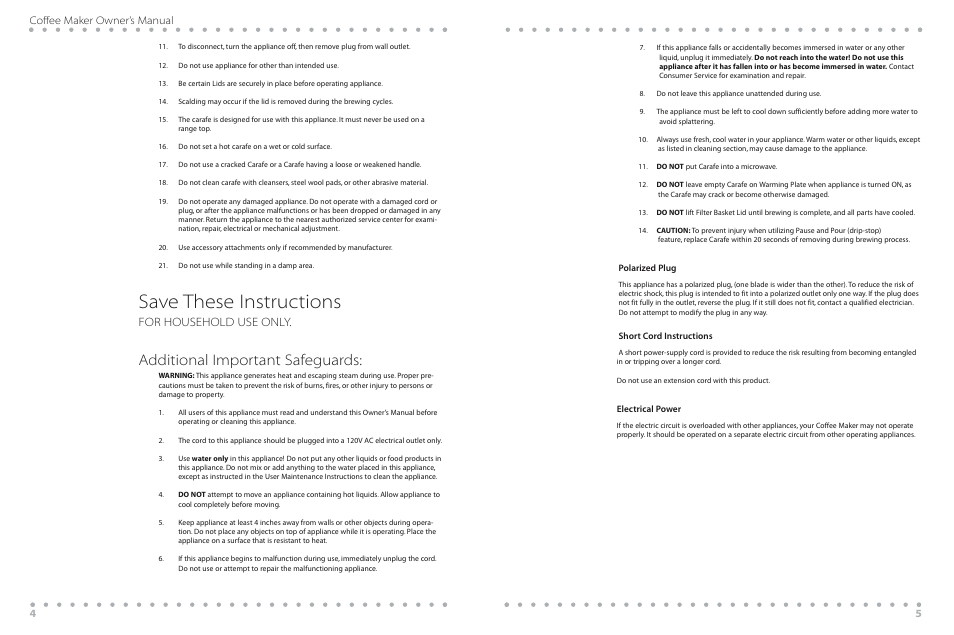Save these instructions, Additional important safeguards, For household use only | 4coffee maker owner’s manual | Beyond WBYCM2 User Manual | Page 5 / 20
