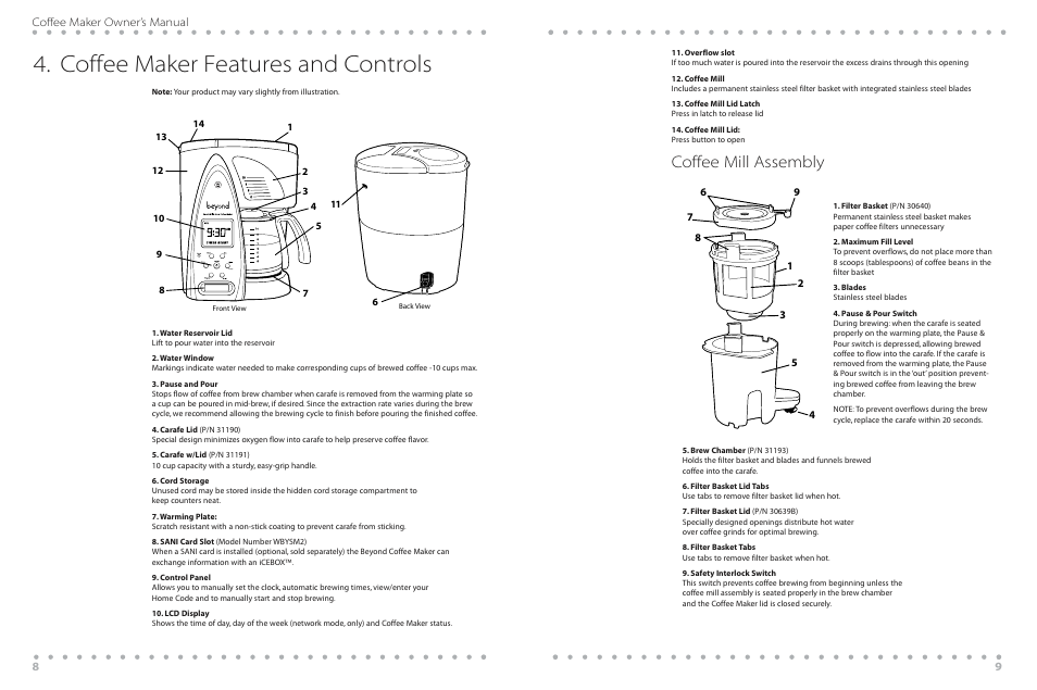 Coffee maker features and controls, Coffee mill assembly, 8coffee maker owner’s manual | Beyond WBYCM2 User Manual | Page 8 / 20