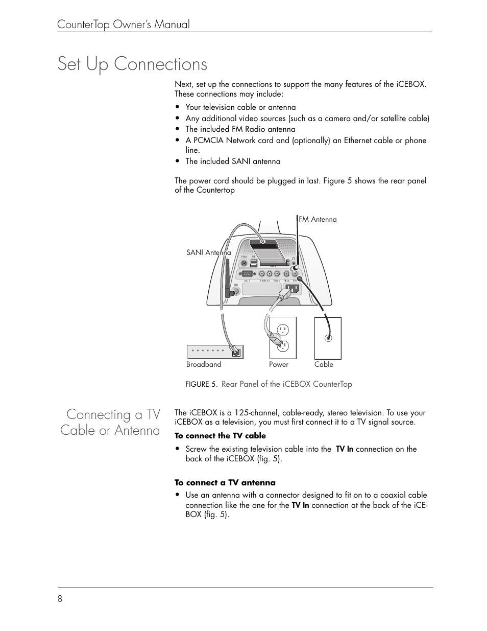 Set up connections, Connecting a tv cable or antenna, Countertop owner’s manual | Beyond icebox countertop User Manual | Page 12 / 70