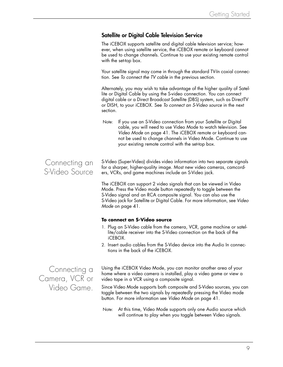 Connecting an s-video source, Connecting a camera, vcr or video game, Getting started | Beyond icebox countertop User Manual | Page 13 / 70