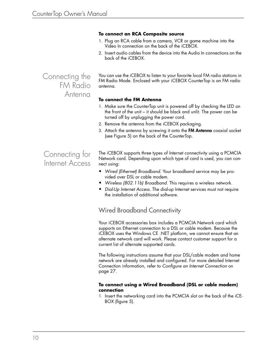 Connecting the fm radio antenna, Connecting for internet access, Countertop owner’s manual | Wired broadband connectivity | Beyond icebox countertop User Manual | Page 14 / 70