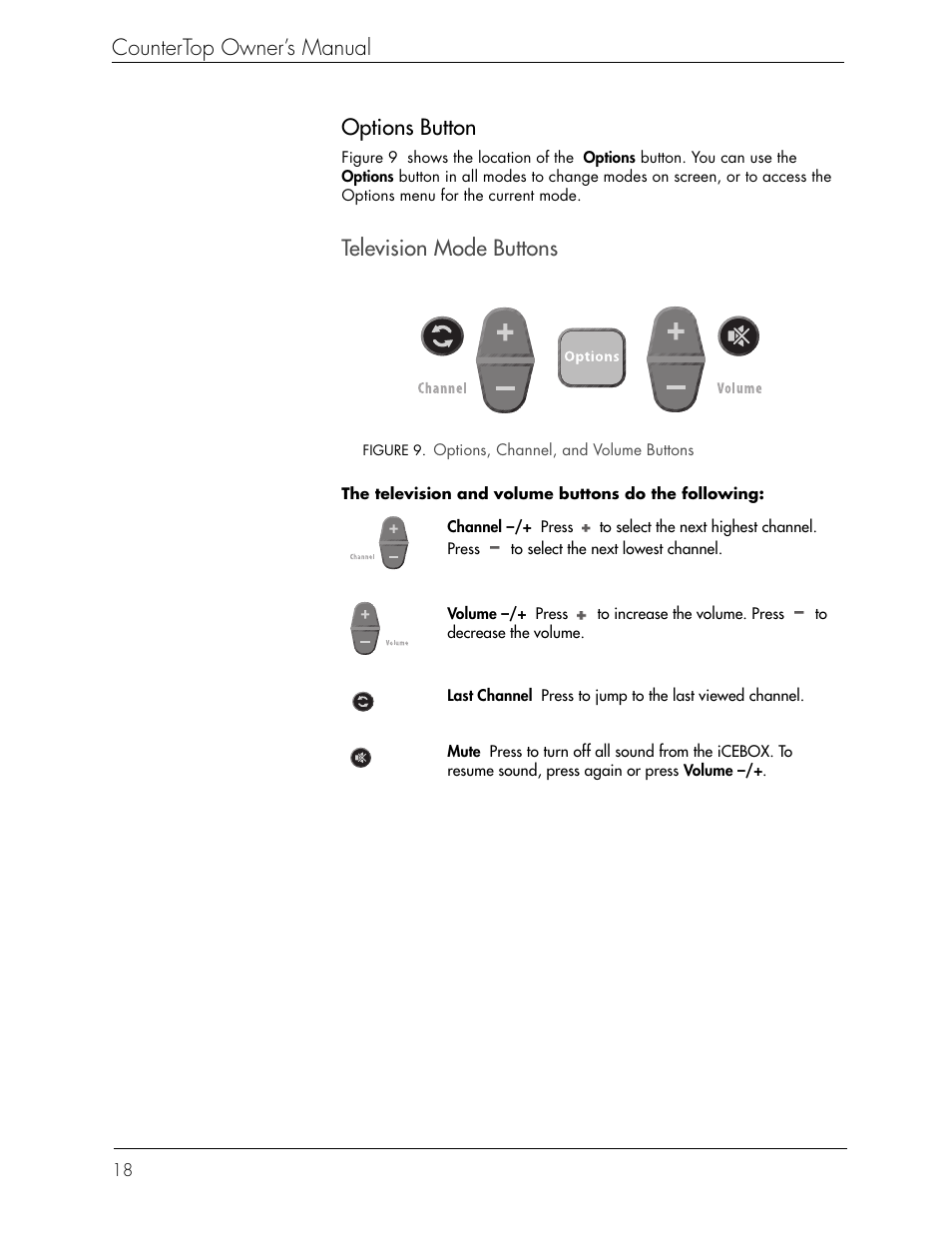 Countertop owner’s manual, Options button, Television mode buttons | Beyond icebox countertop User Manual | Page 22 / 70