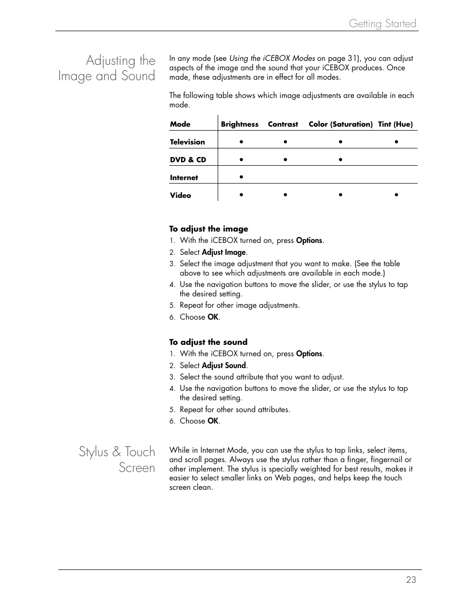 Adjusting the image and sound, Stylus & touch screen, Getting started | Beyond icebox countertop User Manual | Page 27 / 70