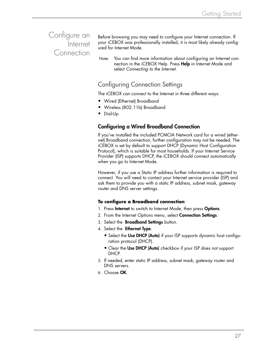 Configure an internet connection, Getting started, Configuring connection settings | Beyond icebox countertop User Manual | Page 31 / 70