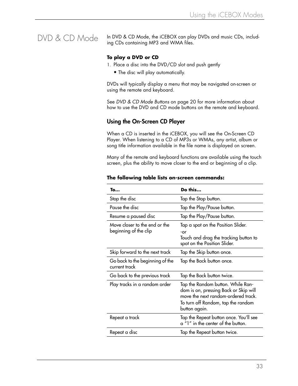 Dvd & cd mode, Using the icebox modes | Beyond icebox countertop User Manual | Page 37 / 70