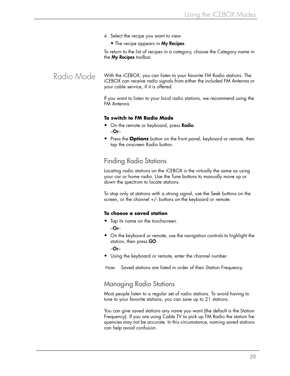 Radio mode, Using the icebox modes, Finding radio stations | Managing radio stations | Beyond icebox countertop User Manual | Page 43 / 70