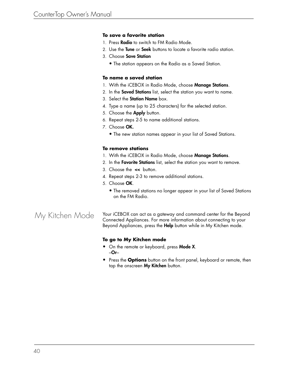 My kitchen mode, Countertop owner’s manual | Beyond icebox countertop User Manual | Page 44 / 70