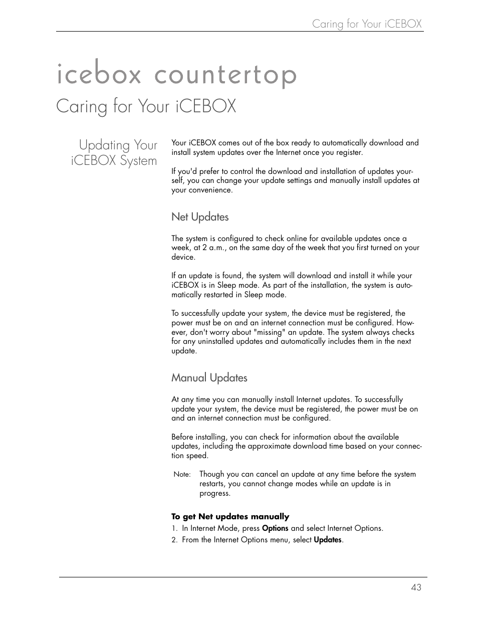 Caring for your icebox, Updating your icebox system | Beyond icebox countertop User Manual | Page 47 / 70