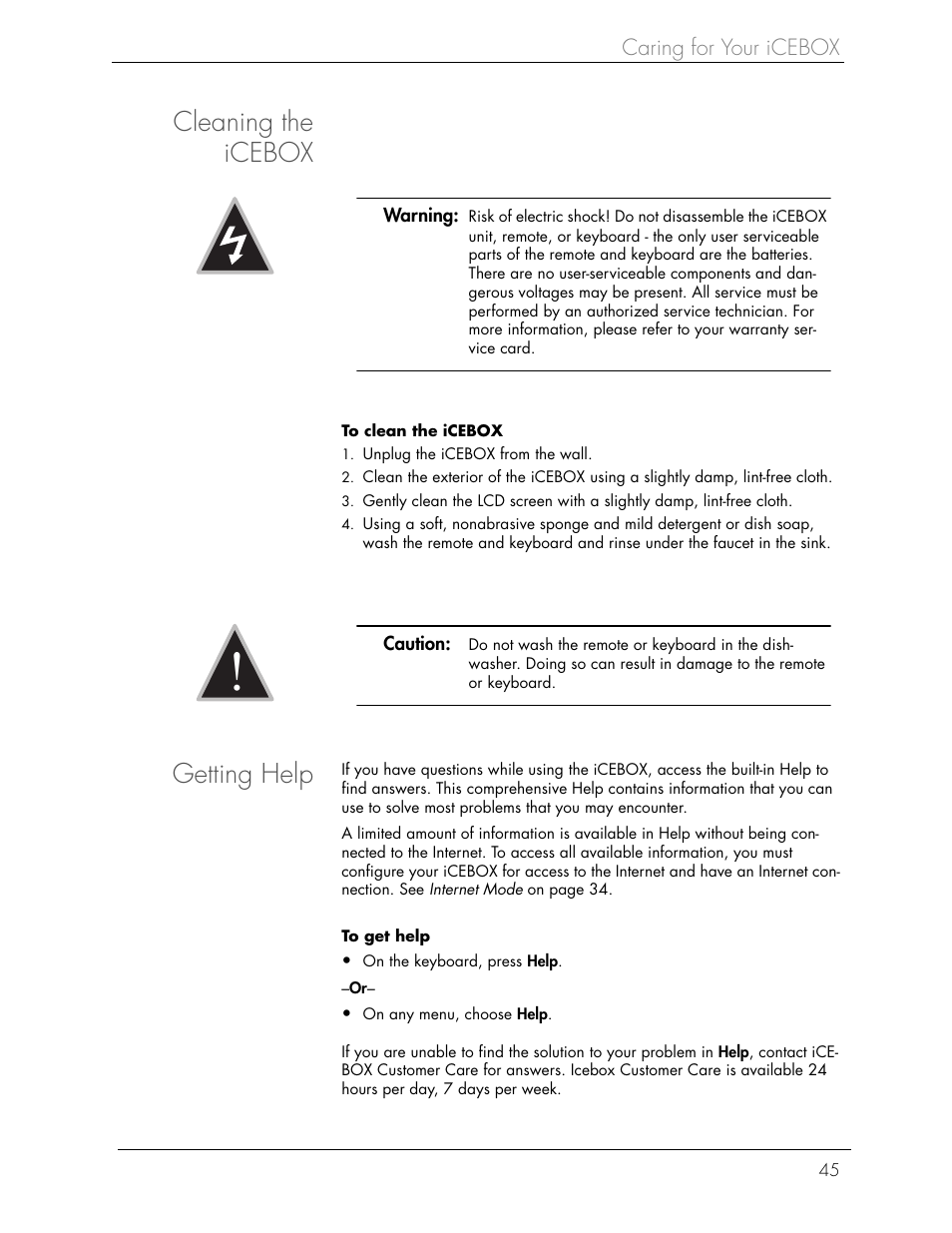 Cleaning the icebox, Getting help | Beyond icebox countertop User Manual | Page 49 / 70