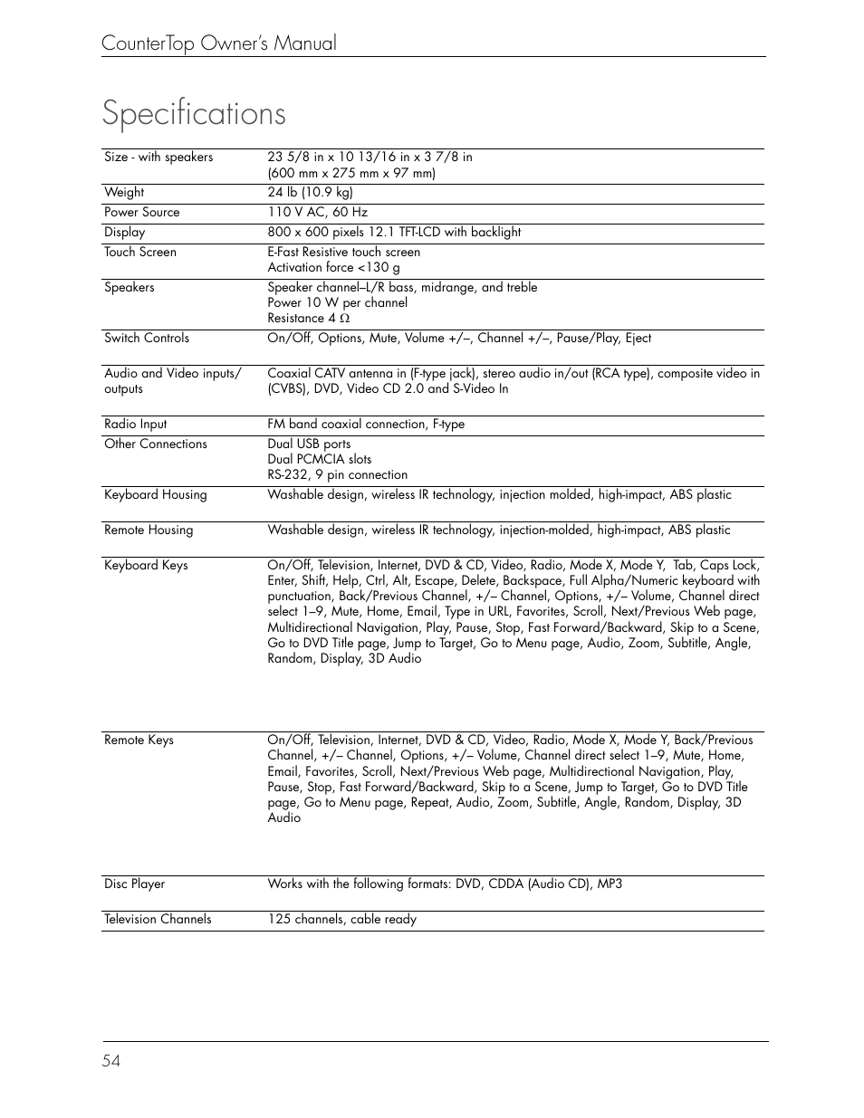 Specifications, Countertop owner’s manual | Beyond icebox countertop User Manual | Page 58 / 70