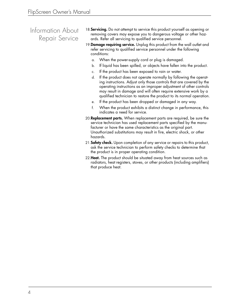 Information about repair service, Flipscreen owner’s manual | Beyond Icebox Flipscreen User Manual | Page 10 / 75