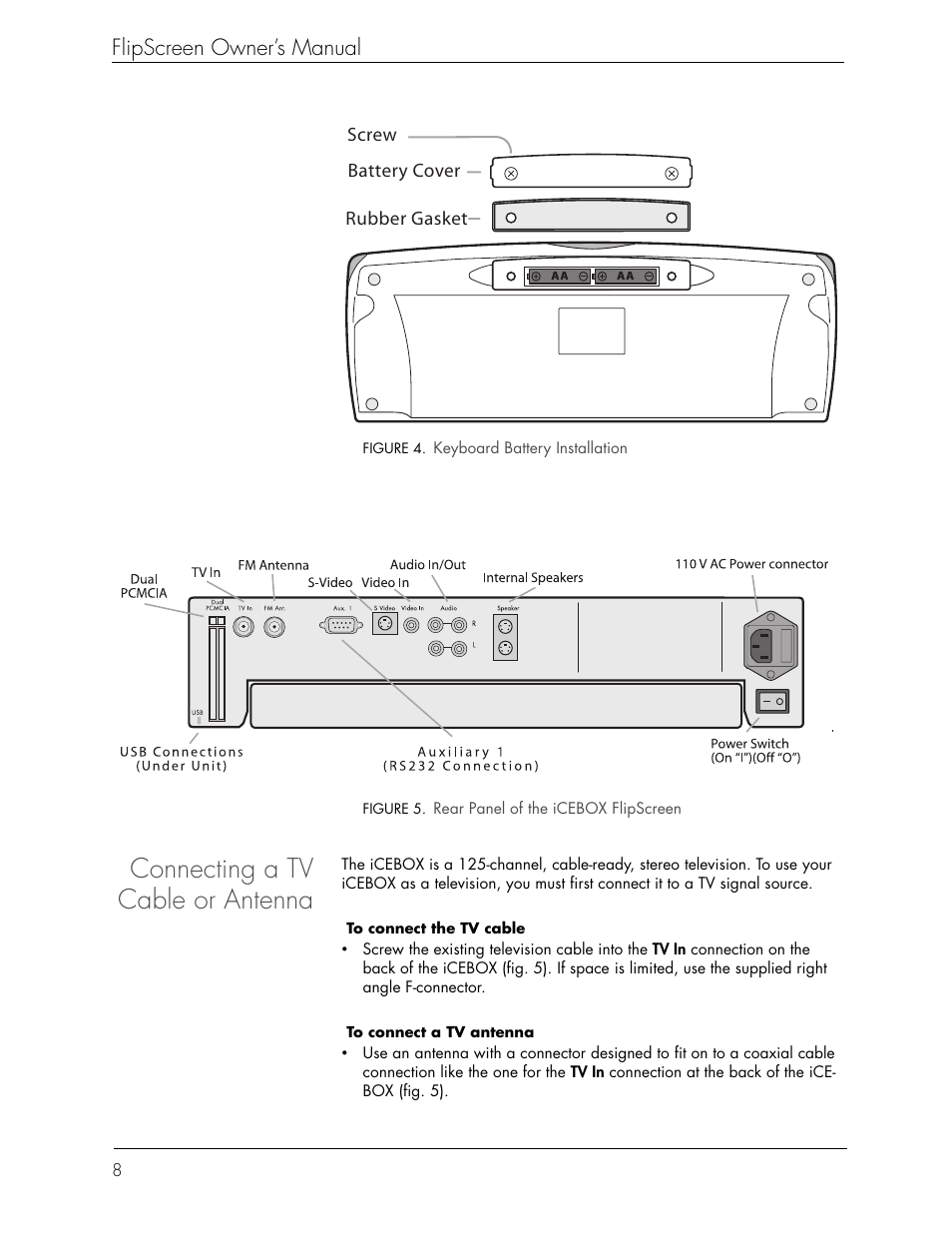 Connecting a tv cable or antenna, Flipscreen owner’s manual | Beyond Icebox Flipscreen User Manual | Page 14 / 75