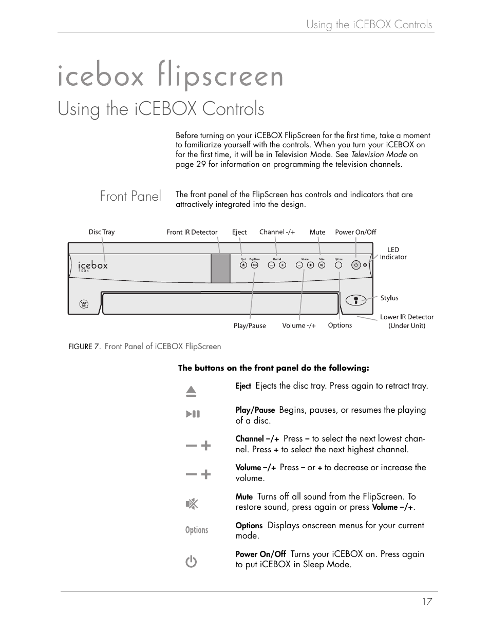 Front panel, Using the icebox controls | Beyond Icebox Flipscreen User Manual | Page 23 / 75