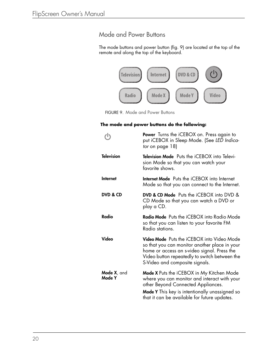Flipscreen owner’s manual, Mode and power buttons | Beyond Icebox Flipscreen User Manual | Page 26 / 75
