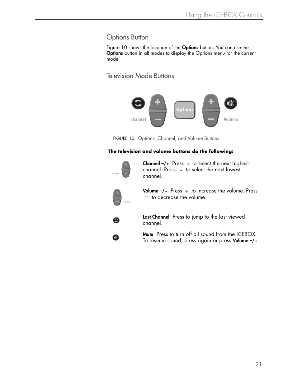 Using the icebox controls options button, Television mode buttons | Beyond Icebox Flipscreen User Manual | Page 27 / 75