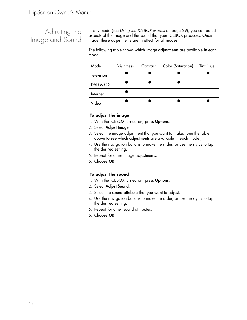 Adjusting the image and sound | Beyond Icebox Flipscreen User Manual | Page 32 / 75