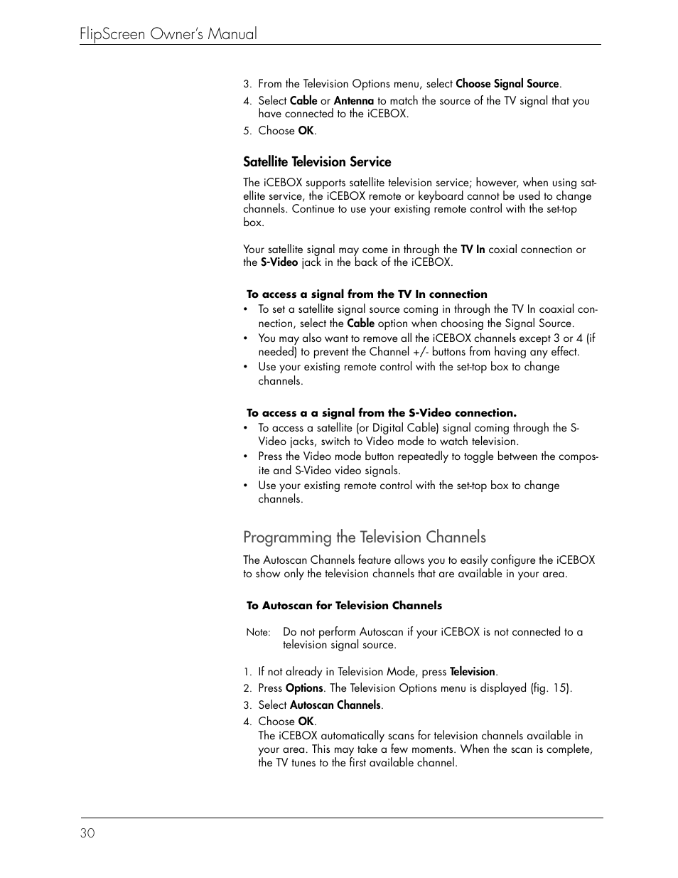 Flipscreen owner’s manual, Programming the television channels | Beyond Icebox Flipscreen User Manual | Page 36 / 75