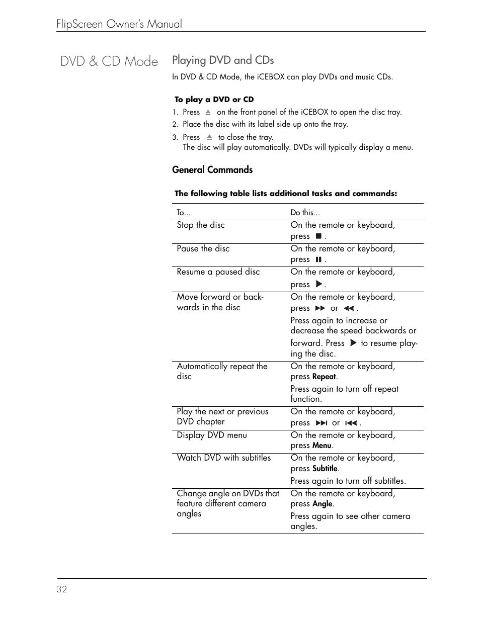 Dvd & cd mode, Flipscreen owner’s manual, Playing dvd and cds | Beyond Icebox Flipscreen User Manual | Page 38 / 75