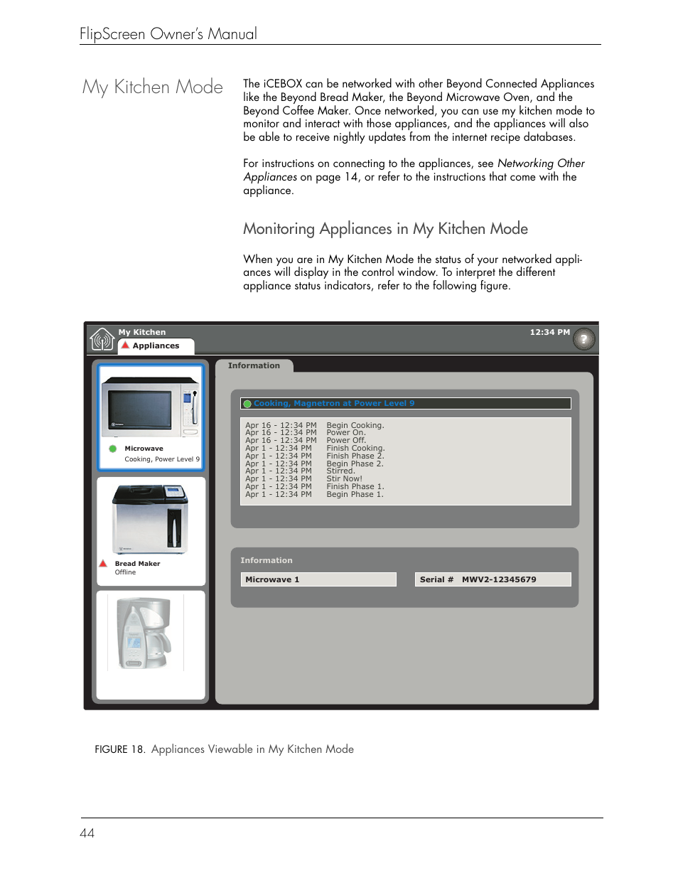 My kitchen mode, Flipscreen owner’s manual, Monitoring appliances in my kitchen mode | Beyond Icebox Flipscreen User Manual | Page 50 / 75