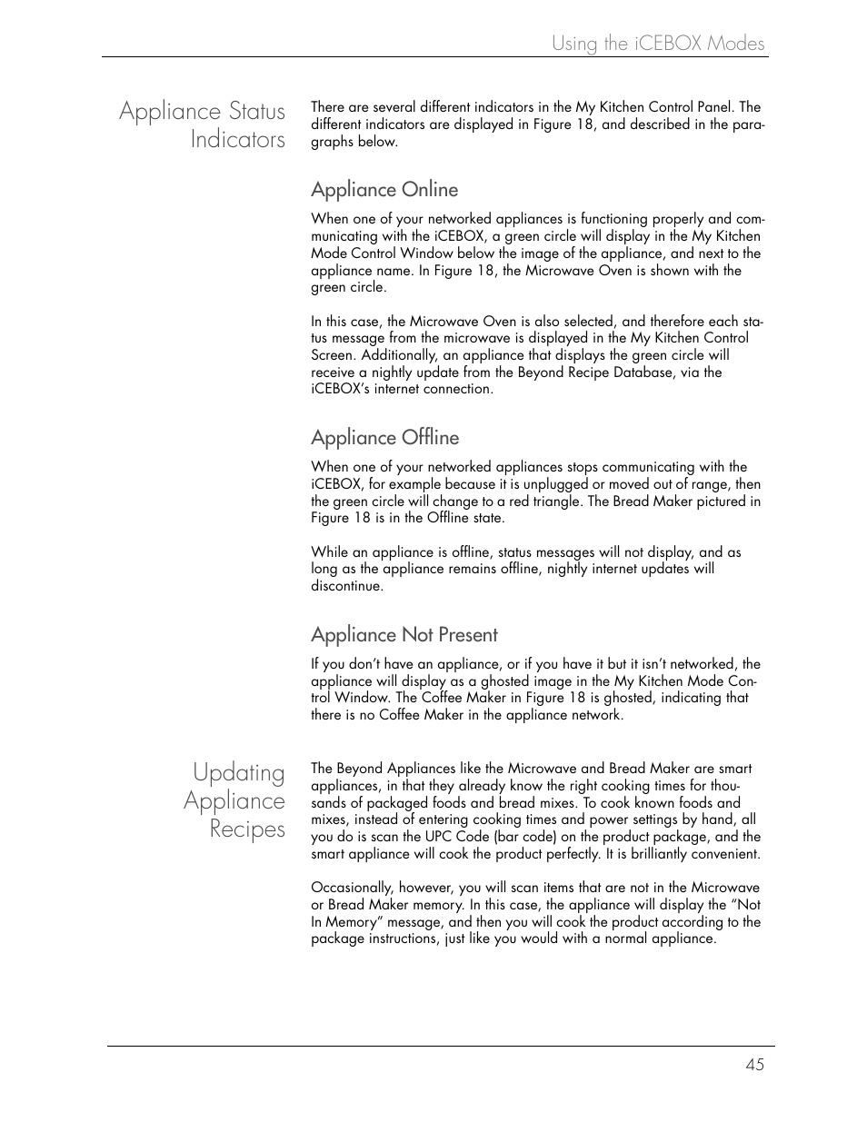 Appliance status indicators, Updating appliance recipes | Beyond Icebox Flipscreen User Manual | Page 51 / 75