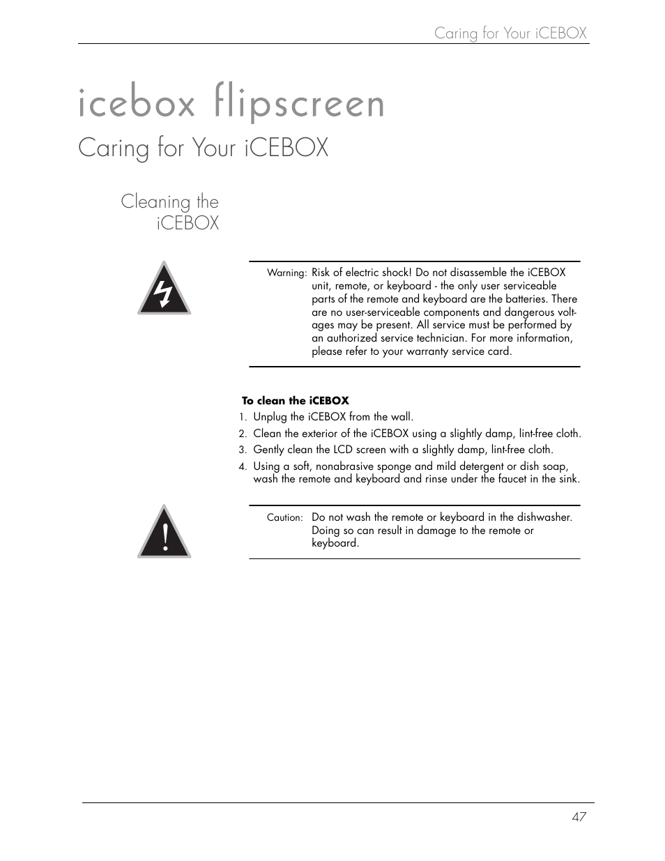 Caring for your icebox, Cleaning the icebox | Beyond Icebox Flipscreen User Manual | Page 53 / 75