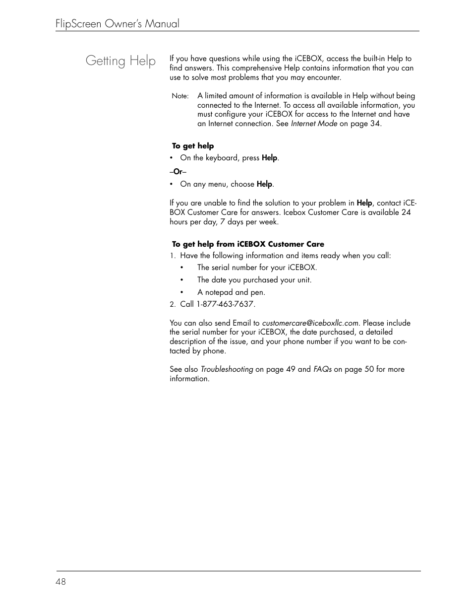 Getting help, Flipscreen owner’s manual | Beyond Icebox Flipscreen User Manual | Page 54 / 75