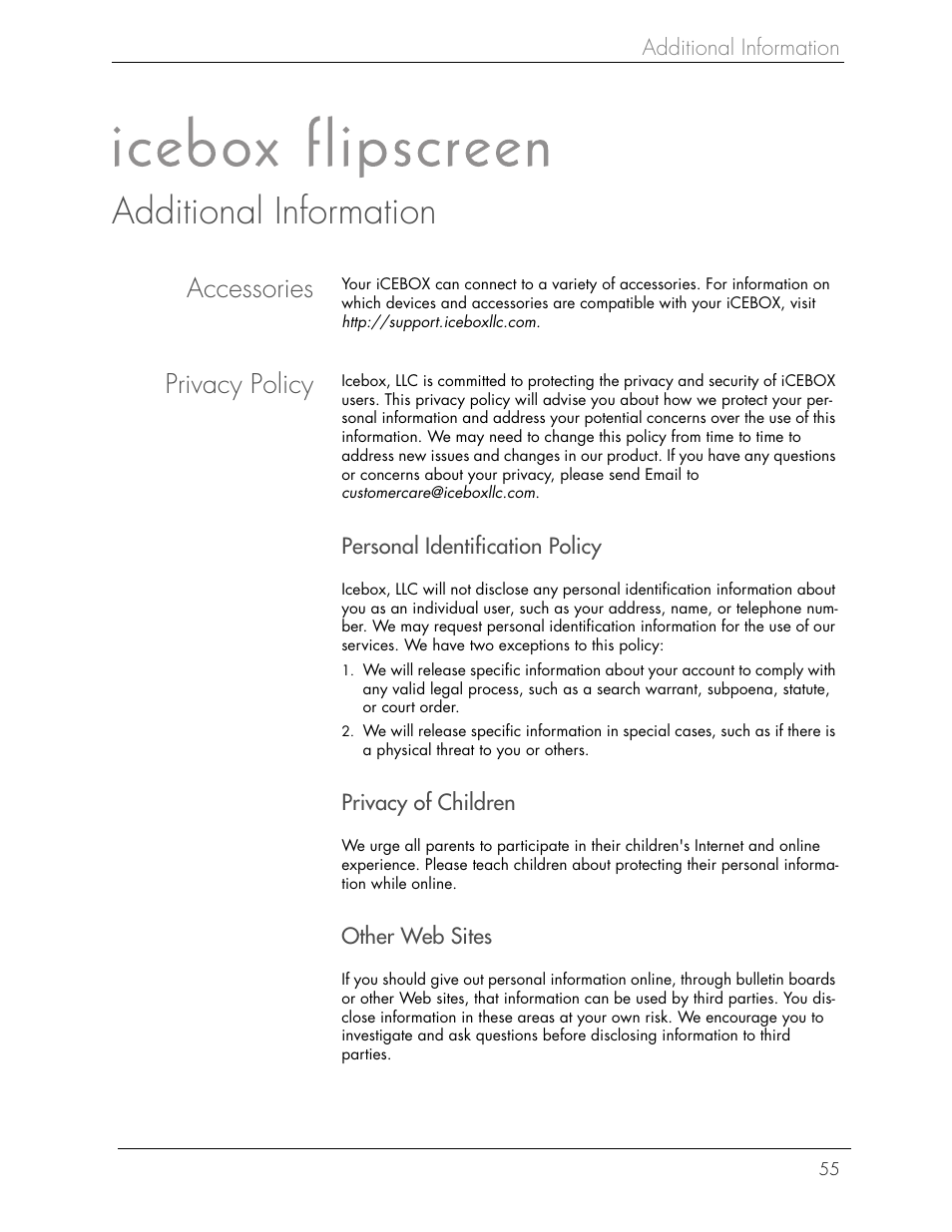 Additional information, Accessories, Privacy policy | Beyond Icebox Flipscreen User Manual | Page 61 / 75