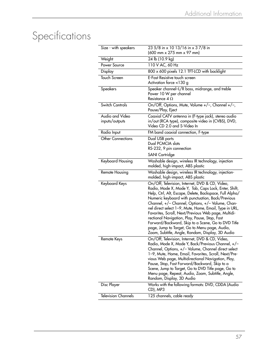 Specifications, Additional information | Beyond Icebox Flipscreen User Manual | Page 63 / 75