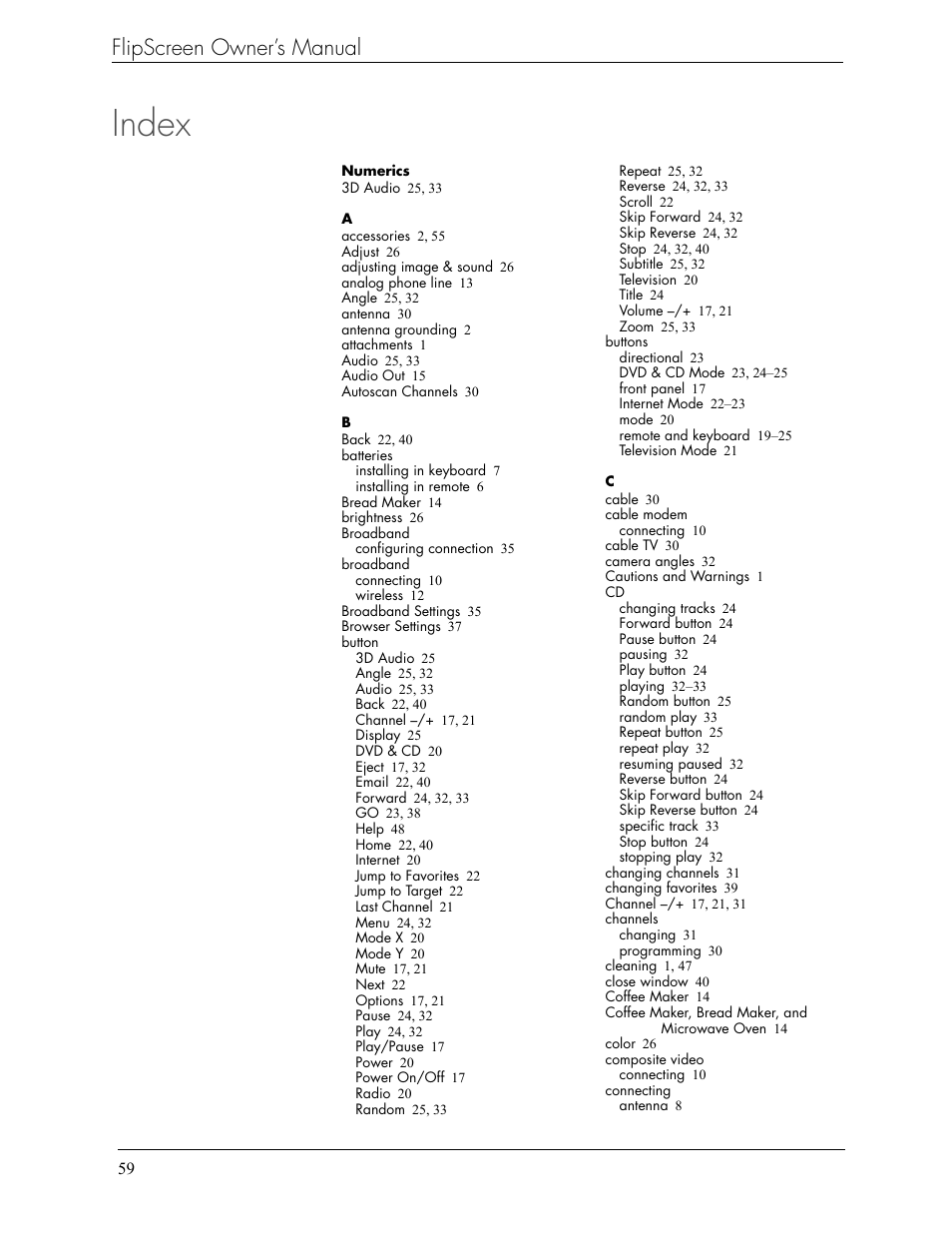 Index, Flipscreen owner’s manual | Beyond Icebox Flipscreen User Manual | Page 65 / 75
