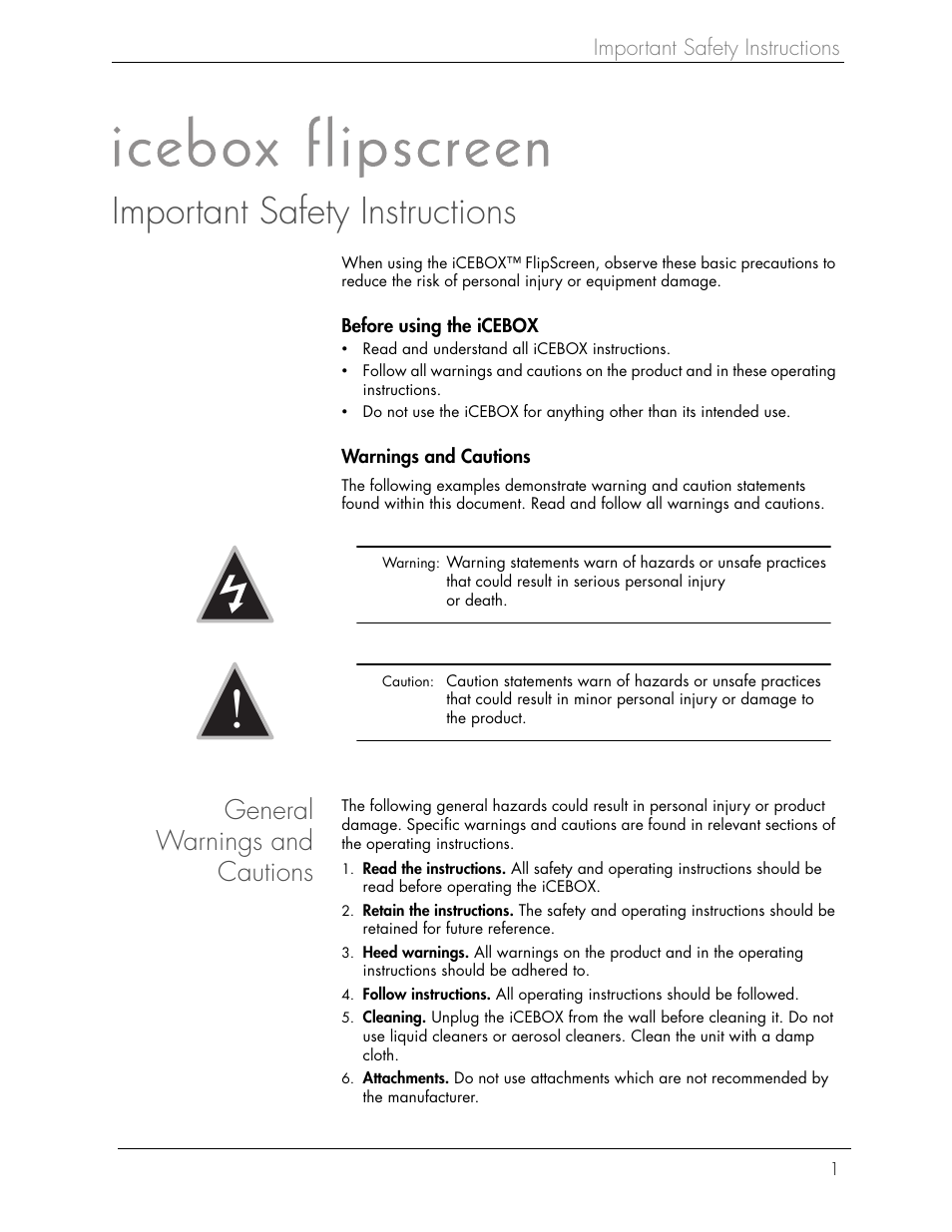 Important safety instructions, General warnings and cautions | Beyond Icebox Flipscreen User Manual | Page 7 / 75