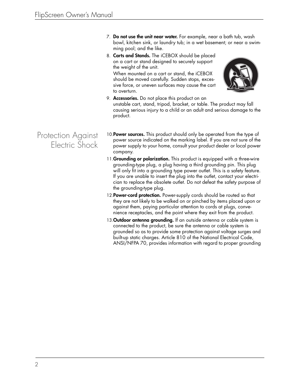 Protection against electric shock, Flipscreen owner’s manual | Beyond Icebox Flipscreen User Manual | Page 8 / 75