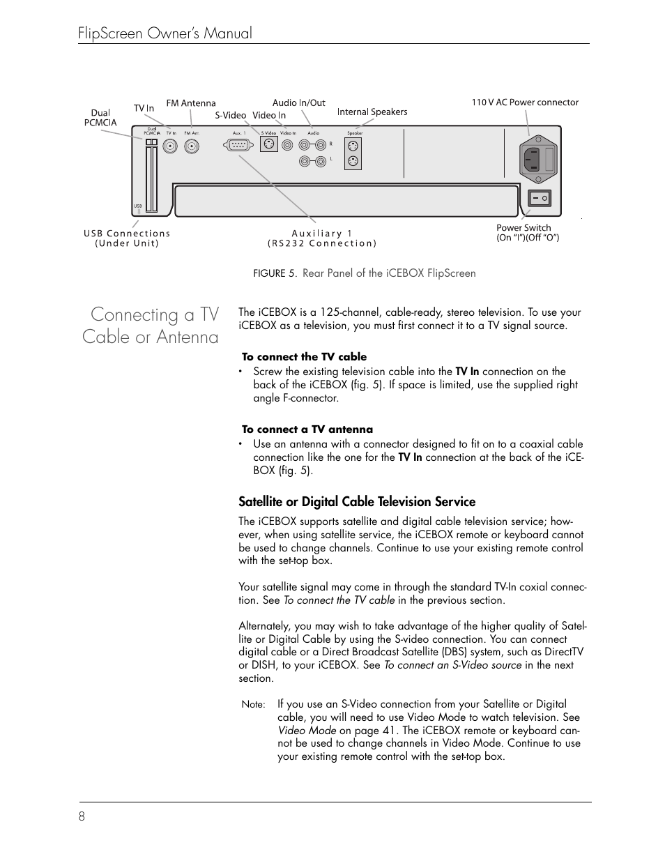Connecting a tv cable or antenna, Flipscreen owner’s manual | Beyond FlipScreen User Manual | Page 14 / 73