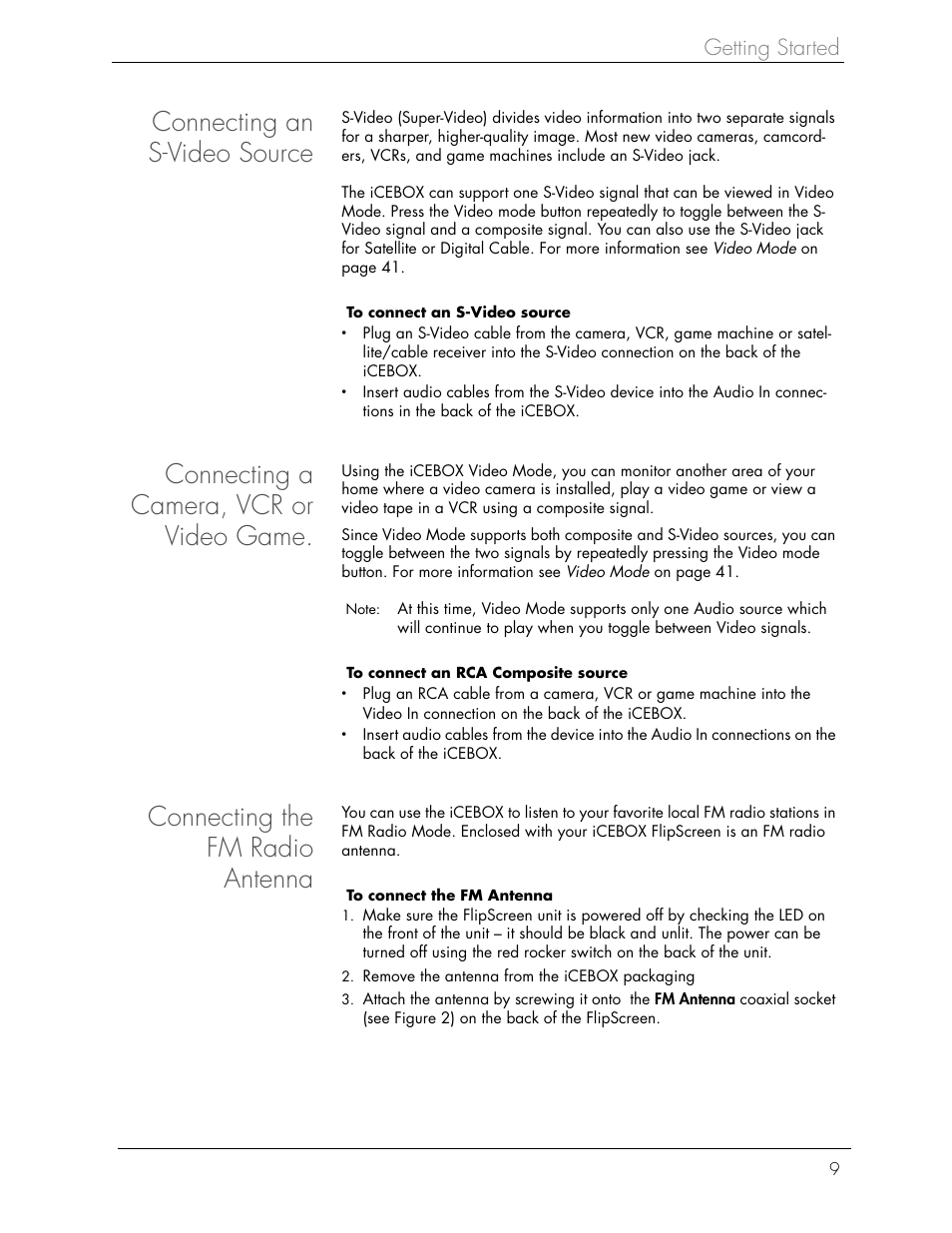 Connecting an s-video source, Connecting a camera, vcr or video game, Connecting the fm radio antenna | Beyond FlipScreen User Manual | Page 15 / 73