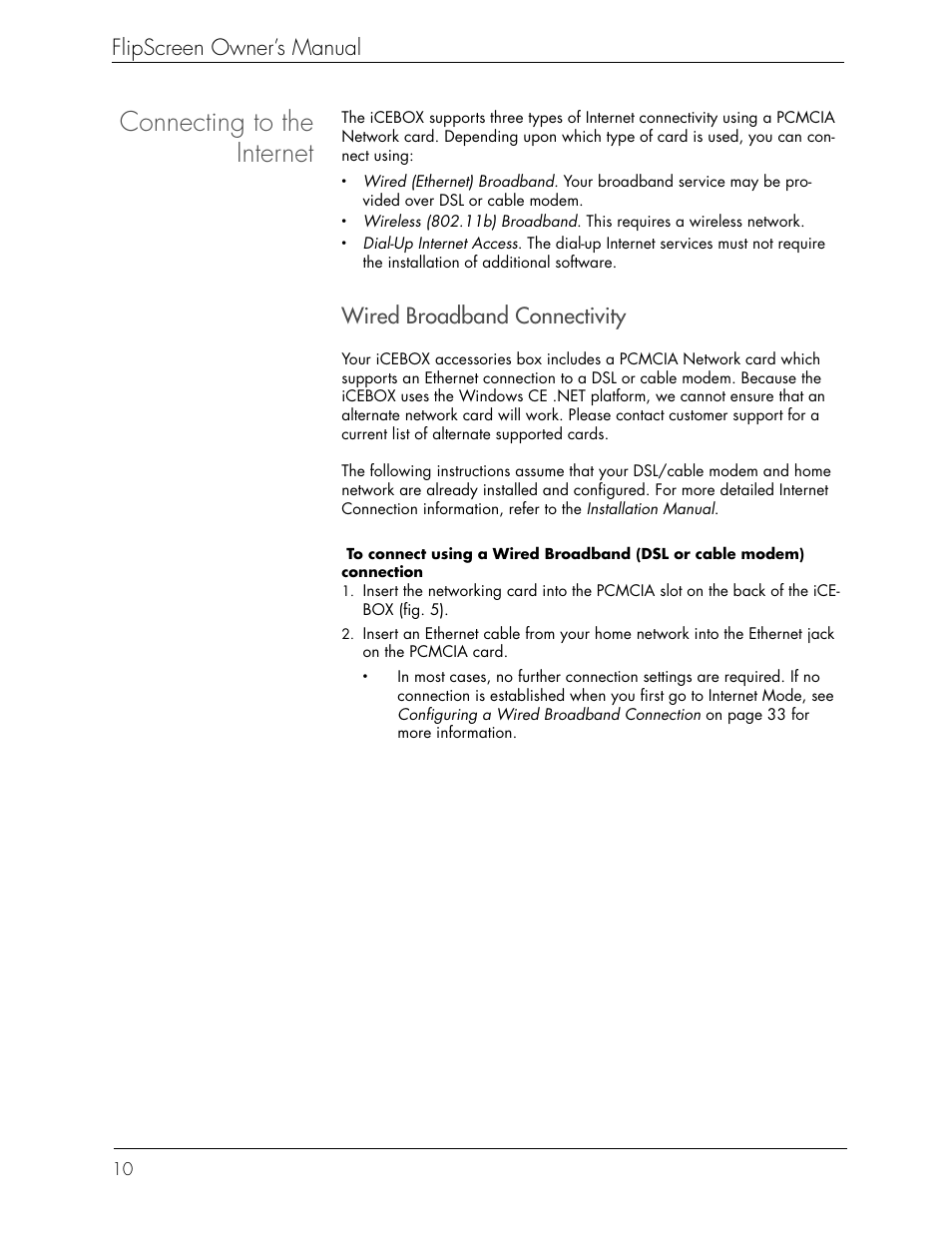 Connecting to the internet, Flipscreen owner’s manual, Wired broadband connectivity | Beyond FlipScreen User Manual | Page 16 / 73