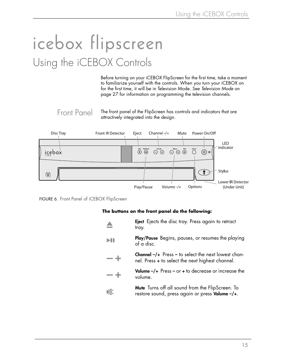 Front panel, Using the icebox controls | Beyond FlipScreen User Manual | Page 21 / 73