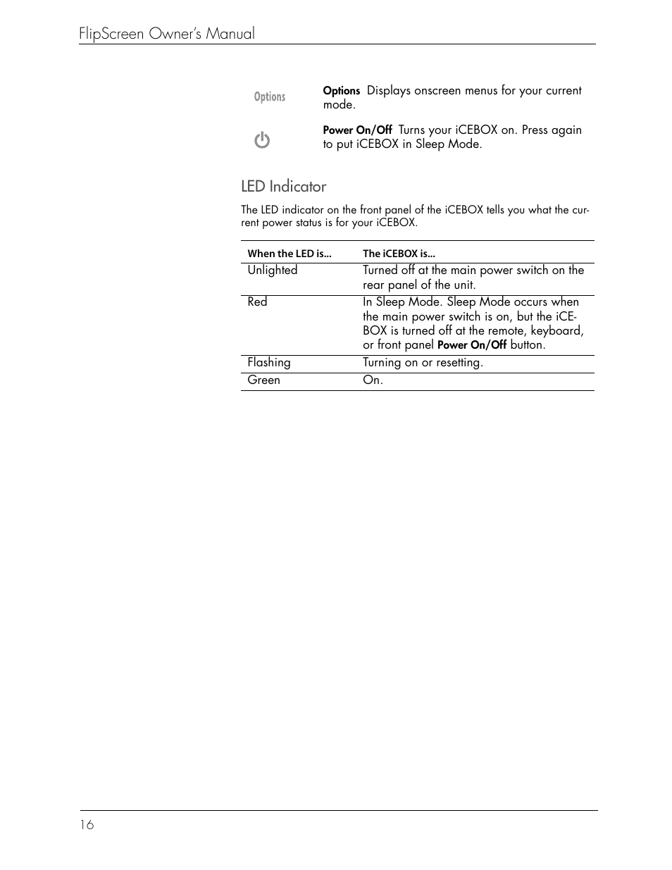 Flipscreen owner’s manual, Led indicator | Beyond FlipScreen User Manual | Page 22 / 73