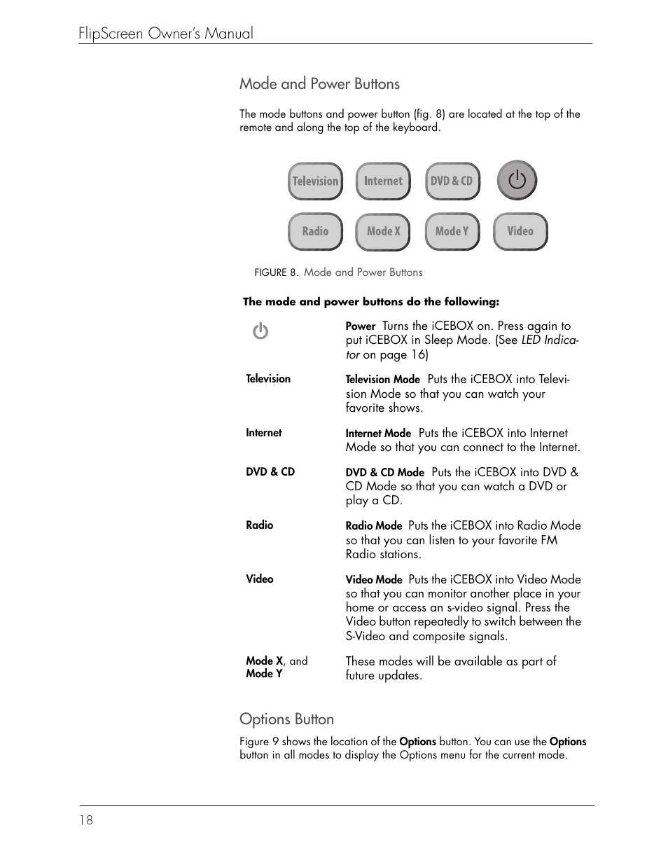 Flipscreen owner’s manual, Mode and power buttons, Options button | Beyond FlipScreen User Manual | Page 24 / 73