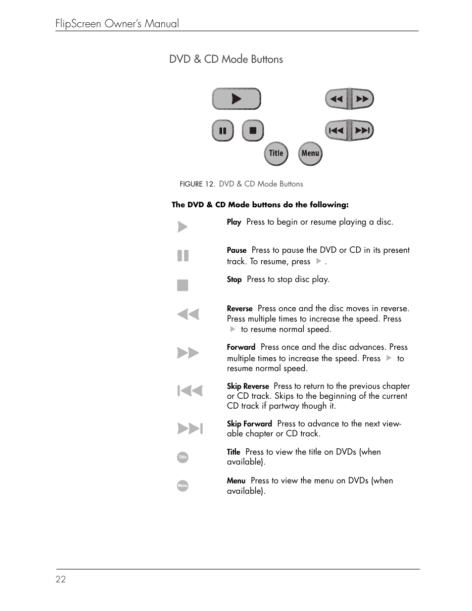 Flipscreen owner’s manual, Dvd & cd mode buttons | Beyond FlipScreen User Manual | Page 28 / 73