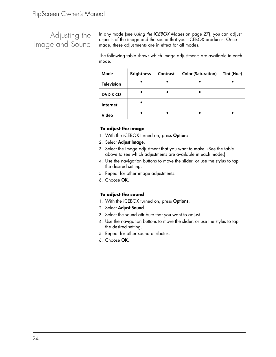 Adjusting the image and sound | Beyond FlipScreen User Manual | Page 30 / 73