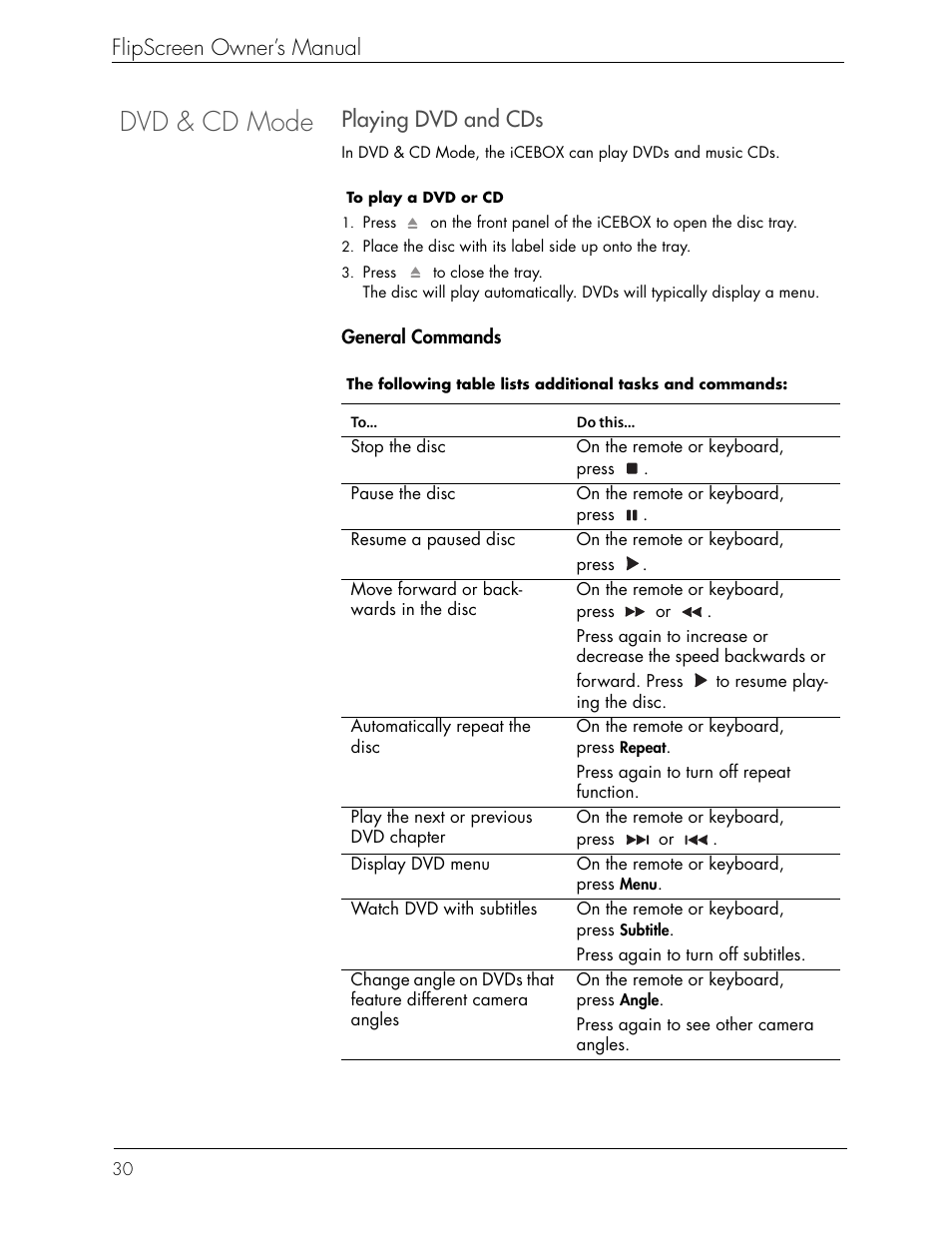 Dvd & cd mode, Flipscreen owner’s manual, Playing dvd and cds | Beyond FlipScreen User Manual | Page 36 / 73