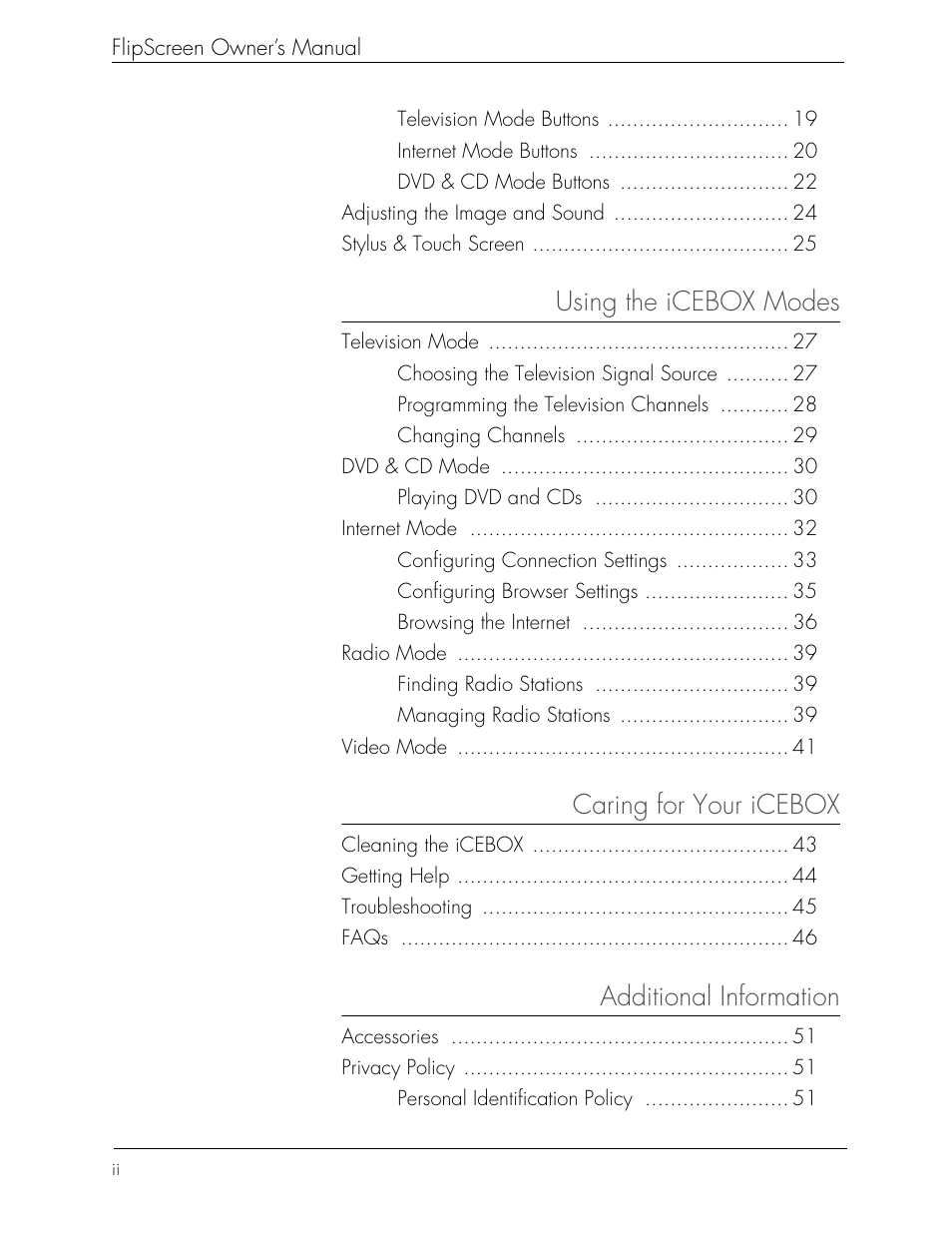 Using the icebox modes, Caring for your icebox, Additional information | Beyond FlipScreen User Manual | Page 4 / 73