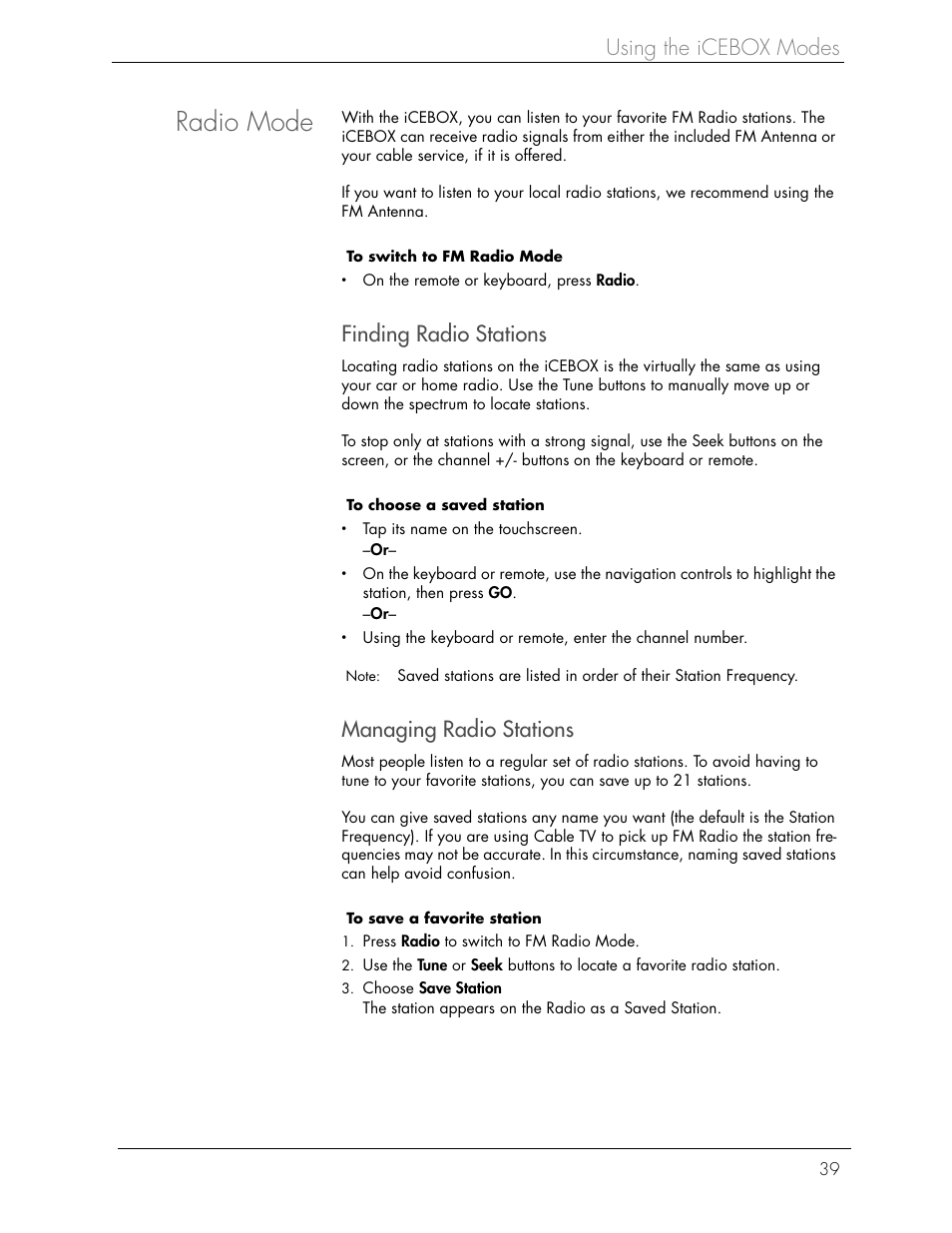 Radio mode, Using the icebox modes, Finding radio stations | Managing radio stations | Beyond FlipScreen User Manual | Page 45 / 73